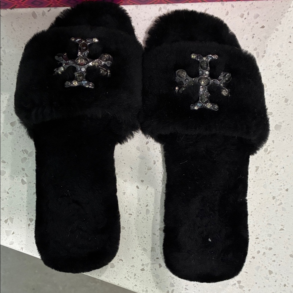 Tory Burch Black Fur Mules with Embellished Logo